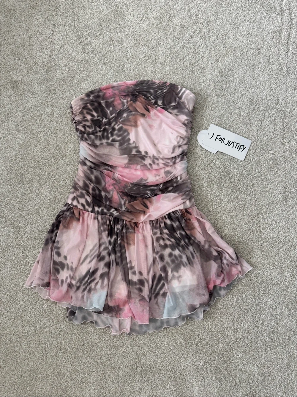 Justify Pink & Brown Floral Strapless Ruffle Mini Dress NWT size Small